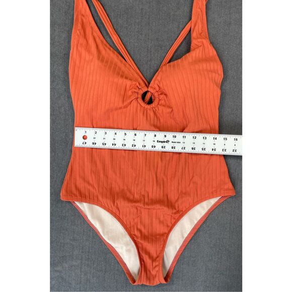 Kona Sol One Piece Swimsuit Women XL Orange Ribbed Ring Front V Neck Summer Swim - Picture 4 of 10